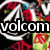 Animated icon with white stylized 'M' symbols and text reading 'volcom love' over a background of red roses and green foliage.