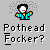 Pixelated character with black hair and red mouth in blue striped shirt with yellow shoulder accents, surrounded by gray dots, above text reading 'Pothead Focker?' on gray background.