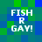 Pixelated of green and blue squares with white text reading "FISH R GAY!" in four identical quadrants