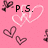 Pink background with heart and bow motifs, displaying text variations 'P.S.', 'I Love You', and '<33' in pixelated style.