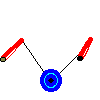 Animated sequence of blue circular icons with black centers connected by thin lines to red cylindrical shapes on a gray background.
