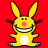 Static pixel art of a yellow cartoon bunny with pink nose and white belly against solid red background, featuring exaggerated smile and outstretched arms.