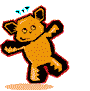 Animated orange cartoon animal with black outline and red accents, performing a sequence of dance poses against gray background.