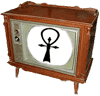 identical brown wooden cabinets with white circular screens displaying various black silhouettes including an Ankh, wolf head, feather, rose, arrow, and crossed symbols