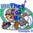 Pixelated cartoon character with orange hair and gray armor holding a brown object, surrounded by green and blue circular borders with blue text overlays.