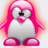 Pixelated penguin with pink hair and feet, white body, black eyes and beak, glowing pink aura on light background.