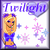 Pixel art icon of a blonde woman in blue outfit with purple flower crown, surrounded by stars and hearts on white background.
