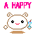 A pixelated character with brown ears and a white face holds a blue hourglass, displaying multiple expressions including smiling, blushing, and neutral states.
