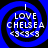 Four identical blue spiral icons with white text reading "I LOVE CHELSEA <3<3" arranged in a on black background