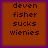 Four identical orange squares with purple borders display pixelated text reading 'deven fisher sucks wienies' in dark brown letters.