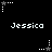 Pixelated black background with white text 'Jessica' repeated in two , surrounded by animated star and dot patterns