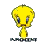 Pixelated yellow cartoon bird mascot with large eyes and beak, standing on a gray background with blurred text below.