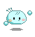 Pixelated light blue character with black eyes, pink cheeks, and three antennae-like protrusions on top, floating above a gray background.