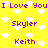 Yellow background with white pixel hearts and purple text reading "I Love You" and names "Skyler" and "Keith" in repeating patterns.