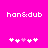 Pixelated text 'han&dub' in white on bright pink background with two of small pixel hearts, one showing a single pink heart among white hearts