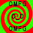 Four identical display a red and green spiral background with black text 'OMFG' at top/bottom and a face icon in the center