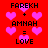 Red background with pink pixelated hearts and black text reading 'FAREKH + AMNAH = LOVE' repeated twice.