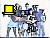 Animated sequence showing multiple celebrity portraits with yellow coffee cup icons, transitioning between different groupings and individual faces against blue backgrounds.