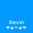 Blue background with white pixelated text 'Devin' above a of five star-like symbols, two of which are light blue