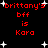 Red pixelated text on black background with white starbursts, repeating 'brittany's bff is Kara' in two