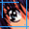 A pixelated close-up of an anime-style character's eye with orange hair, showing sequential animation frames where the pupil shifts left to right and iris lightens.