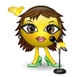 Yellow cartoon character with brown hair and green high heels singing into a microphone, surrounded by yellow confetti.