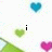 Pixelated heart-shaped icons in blue, green, and pink float over a white background with faint colored speckles, while a black 'i' changes to '<3' and 'Hearts' text appears below.