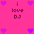 Pixelated pink background with purple hearts and text reading 'i love DJ' in dark purple pixels.