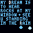Pixel art contact sheet showing five animated frames of a text-based buddy icon with blue raindrop symbols and changing letter colors.