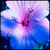 A pixelated flower with blue and purple petals radiating from a pink center, set against a light background.
