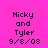 Four identical pink square icons with dark blue text reading 'Nicky and Tyler 9/8/08' in pixelated font, each displaying a distinct small symbol at bottom-right corner.