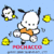 Pixelated cartoon icon of a white dog-like character with black ears and orange bow tie against light blue background, surrounded by yellow circular shapes.