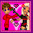 Pixel art icon of two cartoon characters standing side-by-side against a pink background, with one character holding a rose and hearts floating above them.