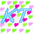 Pixelated icon with blue arrow cursor surrounded by scattered pink and green heart shapes on white background.