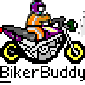 Pixel art contact sheet showing two frames of a motorcycle rider icon with text elements, featuring red and black text on gray background.