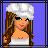Pixel art contact sheet showing six frames of an animated character in a white dress and chef's hat with long brown hair, including full-body views, partial body close-ups, and text display.
