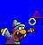 Pixelated character with gray hair and orange face holds a yellow-green ring against blue background.