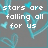 Pixelated text reads 'stars are falling all for us' over gray background with cyan heart-shaped patterns.