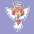 Pixelated angel with orange hair, white wings, and a halo stands against purple background; left pose shows arms raised, right pose has arms lowered.
