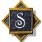 Four identical square icons with golden borders and dark blue backgrounds, each featuring a white stylized 'S' symbol in the center.