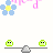 Animated icon with blue flowers, pink text fragments, and green cartoon faces on a balance scale against white background.