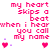 Pixel art displays repeated text 'my heart skips a beat when i hear you call my name' with pink hearts and purple dots on white background.