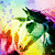 Pixelated image of a character with green hair and a white face, surrounded by colorful abstract shapes and bright light effects.