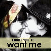 repeated black-and-white images showing two people in close proximity, each with a text banner below reading "I WANT YOU TO WANT ME" or similar phrases