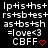 Pixelated text and symbols on black background with red heart, showing 'lp+is+hs+', 'rs+sb+es+', 'as+bs+sh', '=love<3', 'CBFF' in white pixels.