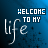 Static blue-toned image with 'WELCOME TO MY life' text, featuring a gradient background and scattered dark speckles.