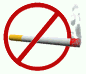 Red prohibition symbol over a cigarette with yellow filter and red tip, showing smoke animation