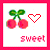Pixelated cherry icon with green leaves, red heart outline, and 'sweet' text on white background framed by pink border.