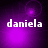 Purple gradient background with white text 'daniela' and shifting circular light effects.