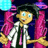 Pixelated character with yellow face, blue eyes, black hair, white lab coat, and pink accents against dark background.